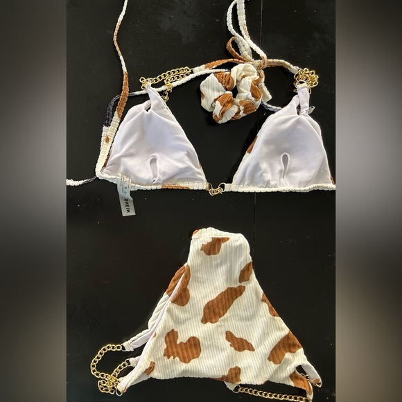 Brown cow S Chain-Accent White Brown Bikini Set swimsuit small hardware - Picture 5 of 5